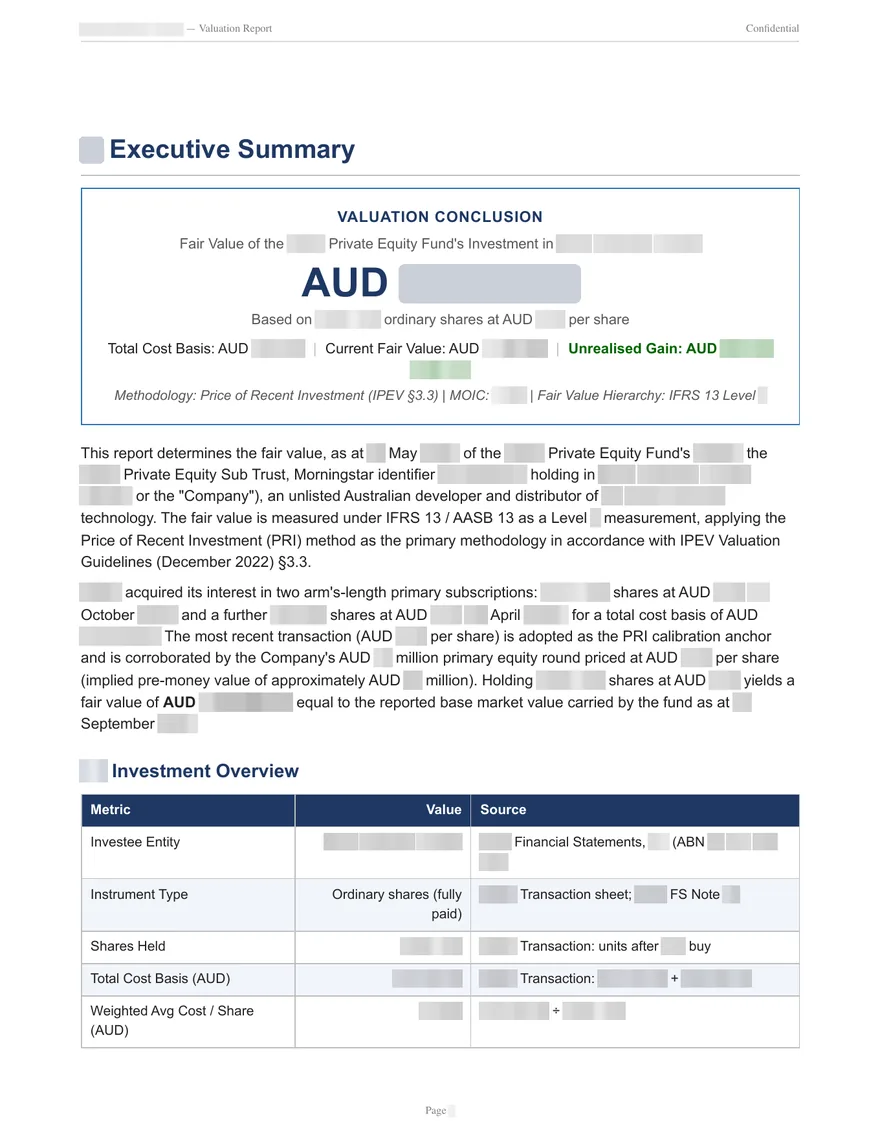 Redacted sample: executive summary page showing the fair value conclusion.